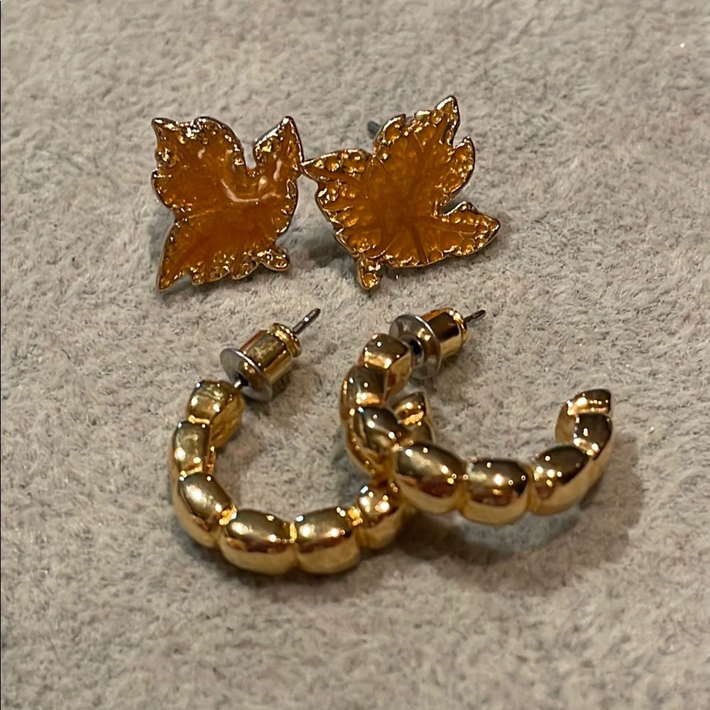Earrings Bundle Gold Leaf and Hoop Earrings Set
